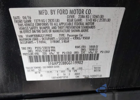 2016 Ford Taurus Sel z USA, uszkodzony, nr VIN 1FAHP2E88GG119902